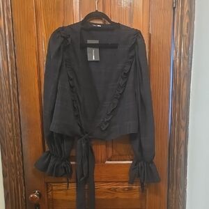Black Ruffled Wrap Blouse